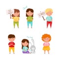 Set of polite little children apologizing. Boys and girls expressing regret. Kids having good manners cartoon vector