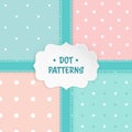 Set of polka dot seamless patterns with a paper shape label and stitched ribbons.