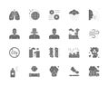 Set of Pollution Gray Icons. Air Dust, Radioactive Rain, Protective Mask, Smog