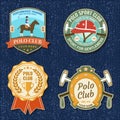 Set of Polo club sport badges, patches, emblems, logos. Vector illustration. Color equestrian label, sticker with rider Royalty Free Stock Photo