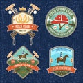 Set of Polo club sport badges, patches, emblems, logos. Vector illustration. Color equestrian label, sticker with rider Royalty Free Stock Photo