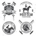 Set of Polo club sport badges, patches, emblems, logos. Vector illustration. Vintage monochrome equestrian label with Royalty Free Stock Photo