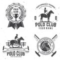 Set of Polo club sport badges, patches, emblems, logos. Vector illustration. Vintage monochrome equestrian label with Royalty Free Stock Photo