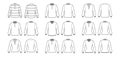 Set of Polo Shirts technical fashion illustration with long sleeves, tunic length, henley neck, fitted oversized body