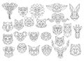 Set Of Polygonal Animal Portraits. Collection Of Geometric Animal Heads. Black White Illustration. Linear Art. Tattoo.