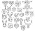 Set of polygonal animal portraits. Collection of geometric animal heads. Black white illustration. Linear art. Tattoo. Royalty Free Stock Photo