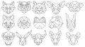 Set of polygonal animal portraits. Collection of geometric animal heads. Black white illustration. Linear art. Tattoo. Royalty Free Stock Photo