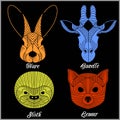 Set of polygonal animals. Polygonal logos. Geometric set of Hare, Gazelle, Sloth, Lemur on black.