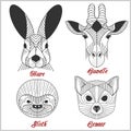 Set of polygonal animals. Polygonal logos. Geometric set of Hare, Gazelle, Sloth, Lemur on white.