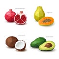 Set of polygonal fruit - pomegranate, papaya, coconut, avocado.