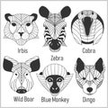 Set of polygonal head animals. Polygonal logos. Geometric set of Irbis, Zebra, Cobra, Wild Boar, Blue Monkey, Dingo