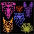 Set of polygonal head animals. Polygonal logos. Geometric set of OWL, Crocodile, Lynx, Dog, Jaguar