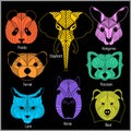 Set of polygonal head animals. Polygonal logos. Geometric set of Panda, Elephant, Kangaroo, Ferret, Raccoon, Lynx, Horse