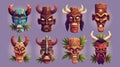 Set of polynesian traditional statues, ancient wood tikki masks isolated on purple background, showing hawaiian tribal Royalty Free Stock Photo