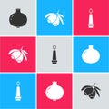 Set Pomegranate, Olives branch and Burning candle icon. Vector Royalty Free Stock Photo