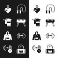Set Pommel horse, Towel on hanger, Heartbeat increase, Jump rope, Hoodie, Dumbbell, Sport bag and icon. Vector