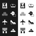 Set Poodle dog, Macaron cookie, Handbag, French beret, Plane, Woman shoe, Elegant women hat and Triumphal Arch icon