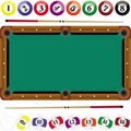 Set of pool balls with pool table and cues Royalty Free Stock Photo