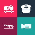 Set pop art Airline ticket, Plane, Pilot hat and Fuel tanker truck icon. Vector Royalty Free Stock Photo