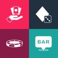 Set pop art Alcohol bar location, Casino chips, Game dice and Hand holding playing cards icon. Vector