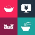 Set pop art Asian noodles in bowl, Great wall of China, Chinese Yuan currency and Sushi icon. Vector Royalty Free Stock Photo