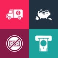 Set pop art ATM and money, No, Broken piggy bank and Armored truck icon. Vector Royalty Free Stock Photo