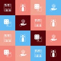 Set pop art Backgammon board, Bowling pin, Game dice and icon. Vector Royalty Free Stock Photo