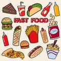 Set of pop art badges. Fast food. Royalty Free Stock Photo