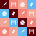 Set pop art Baseball bat with ball, Volleyball net, Basketball and Flippers for swimming icon. Vector Royalty Free Stock Photo