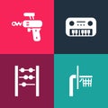 Set pop art Basketball backboard, Abacus, Toy piano and Ray gun icon. Vector Royalty Free Stock Photo