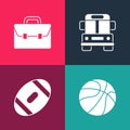 Set pop art Basketball ball, American Football, School Bus and Briefcase icon. Vector Royalty Free Stock Photo