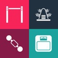 Set pop art Bathroom scales, Dumbbell, Metal rack with weights and Horizontal bar icon. Vector Royalty Free Stock Photo