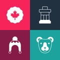 Set Pop Art Bear Head, Winter Hat, Inukshuk And Canadian Maple Leaf Icon. Vector