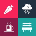 Set pop art Bench, Cup of tea with tea bag, Storm and Carrot icon. Vector Royalty Free Stock Photo