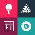 Set pop art Billiard pool snooker ball, Bingo, balls triangle and Racket icon. Vector Royalty Free Stock Photo