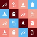 Set pop art Bloody knife, Owl bird, Witch hat and Ghost icon. Vector