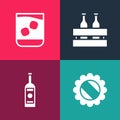 Set pop art Bottle cap, Glass bottle of vodka, Pack beer bottles and whiskey icon. Vector