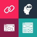 Set pop art Browser window, setting, Advertising and Chain link icon. Vector Royalty Free Stock Photo