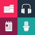 Set pop art Cactus and succulent in pot, Spiral notebook, Headphones and Document folder icon. Vector