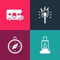 Set pop art Camping lantern, Compass, Torch flame and RV motorhome vehicle icon. Vector