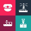 Set pop art Captain of ship, Beach pier dock, Lighthouse and hat icon. Vector Royalty Free Stock Photo