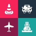 Set pop art Cargo ship, Plane, and Traffic cone icon. Vector Royalty Free Stock Photo