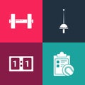 Set pop art Checklist clipboard and tennis ball, Sport mechanical scoreboard, Fencing and Dumbbell icon. Vector Royalty Free Stock Photo