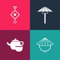 Set pop art Chinese conical straw hat, tea ceremony, Japanese umbrella from the sun and paper lantern icon. Vector