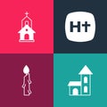 Set pop art Church building, Burning candle, Christian cross and icon. Vector