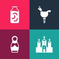 Set pop art Church building, Russian doll matryoshka, Cockerel lollipop and Pickled cucumbers jar icon. Vector