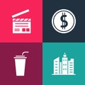 Set pop art City landscape, Paper glass with straw, Coin money dollar and Movie clapper icon. Vector