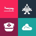 Set pop art Cloud weather, Pilot hat, Jet fighter and Plane icon. Vector Royalty Free Stock Photo