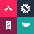 Set pop art Cocktail, Effervescent tablets in water, Bottle cap and Glass of cognac or brandy icon. Vector Royalty Free Stock Photo