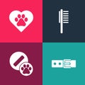 Set pop art Collar with name tag, Dog pill, Pets vial medical and Heart animals footprint icon. Vector Royalty Free Stock Photo